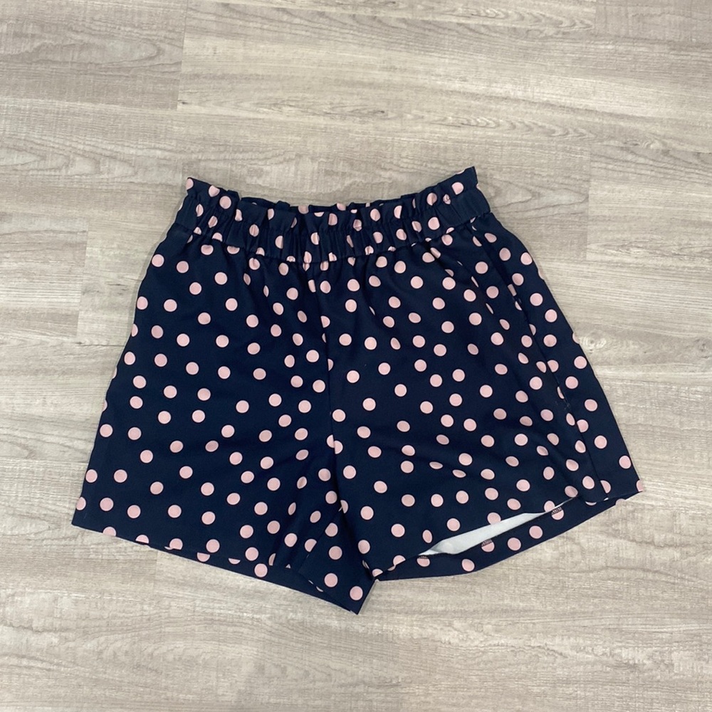 Eloquii Size 14 High-Waisted Paper Bag shorts in navy with baby pink polka dots